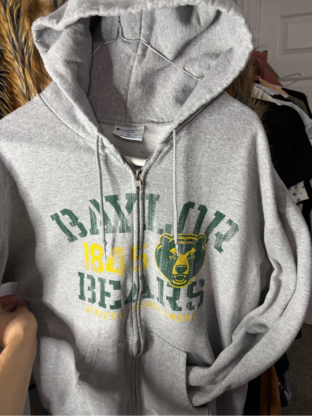 Champion Gray Zip-Up Hoodie with Green & Yellow Baylor Logo